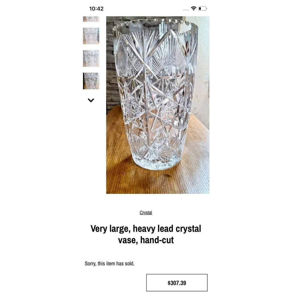 Large‎ Heavy Lead Crystal Vase Hand Cut Starburst Scalloped Rim Clear Glass